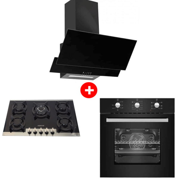 Pack AUXSTAR Plaque 5  Four encastrable Hotte 90 cm Pyramide Noir