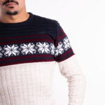 Pull col rond couleur Blanc Bleu Motif Nordique