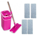 Balai Plat Magique FLORA Rose: 360 Degrés + Seau-Essoreur + lot de 4 vadrouilles