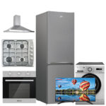 Pack de mariage PREMIUM plus : Four orient inox+ plaque 4 feux inox + hotte pyramidale 60 cm inox + réfrigérateur beko gris no frost + machine à laver Condor 6 kg gris + TV