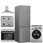 Pack de mariage PREMIUM: Four orient inox+ plaque 4 feux inox + hotte pyramidale 60 cm inox + réfrigérateur beko gris no frost + machine à laver Condor 6 kg gris