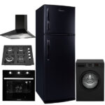 Pack de mariage Black : Four encastrable Auxstar + plaque 4 feux verre  + hotte pyramidale 60 cm noire + Réfrigérateur Montblanc f45 Noir + Machine à laver Montblanc 5 kg noir 