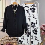 Ensemble chic pour femmes chemise unie pantalon large fleuri noir