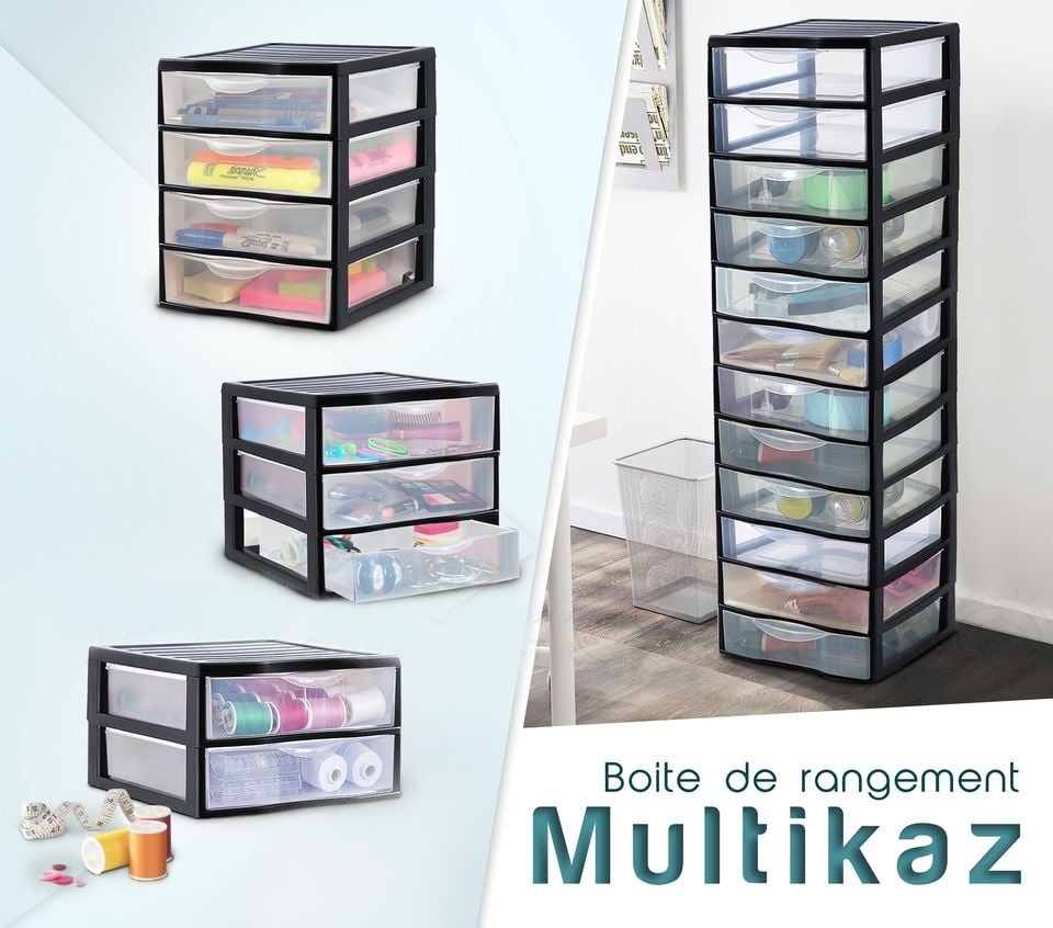 Boite de rangement MULTIKAZ organisateur papier bricolage plasique DIVERS Tour De Rangement À 2 Tiroirs, 3 Tiroirs et 4 Tiroirs Multikaz - Noir – Image 1