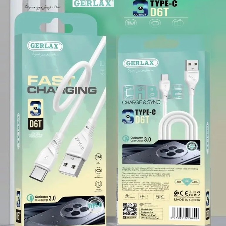 GERLAX-TYPE-C-D6T-PROMODEAL-CABLE-CHARGEUR-SMARTPHINE-TUNISIE Câble de recharge rapide USB-C – 3A – Gerlax – Image 1