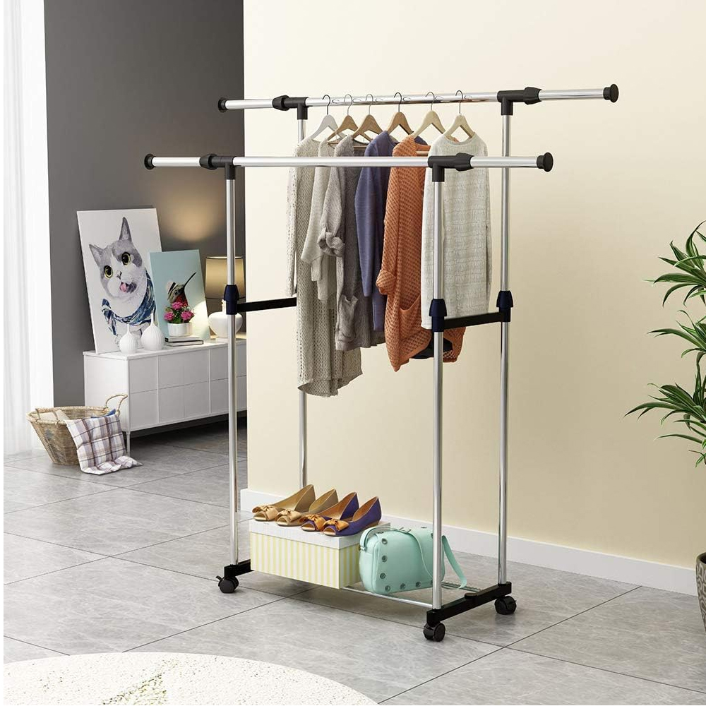 promotion-cintre-double-inox-avec-roue-allopromo-promodeal Porte vêtements stainless steel – Image 1