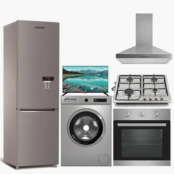 Pack de mariage gris TV récepteur integré : Four Auxstar inox + plaque 4 feux inox + hotte pyramidale60 cm inox + réfrigérateur newstar combiné avec Fontaine + machine à laver 5 kg Newstar + TV 32 vega recepteur integré