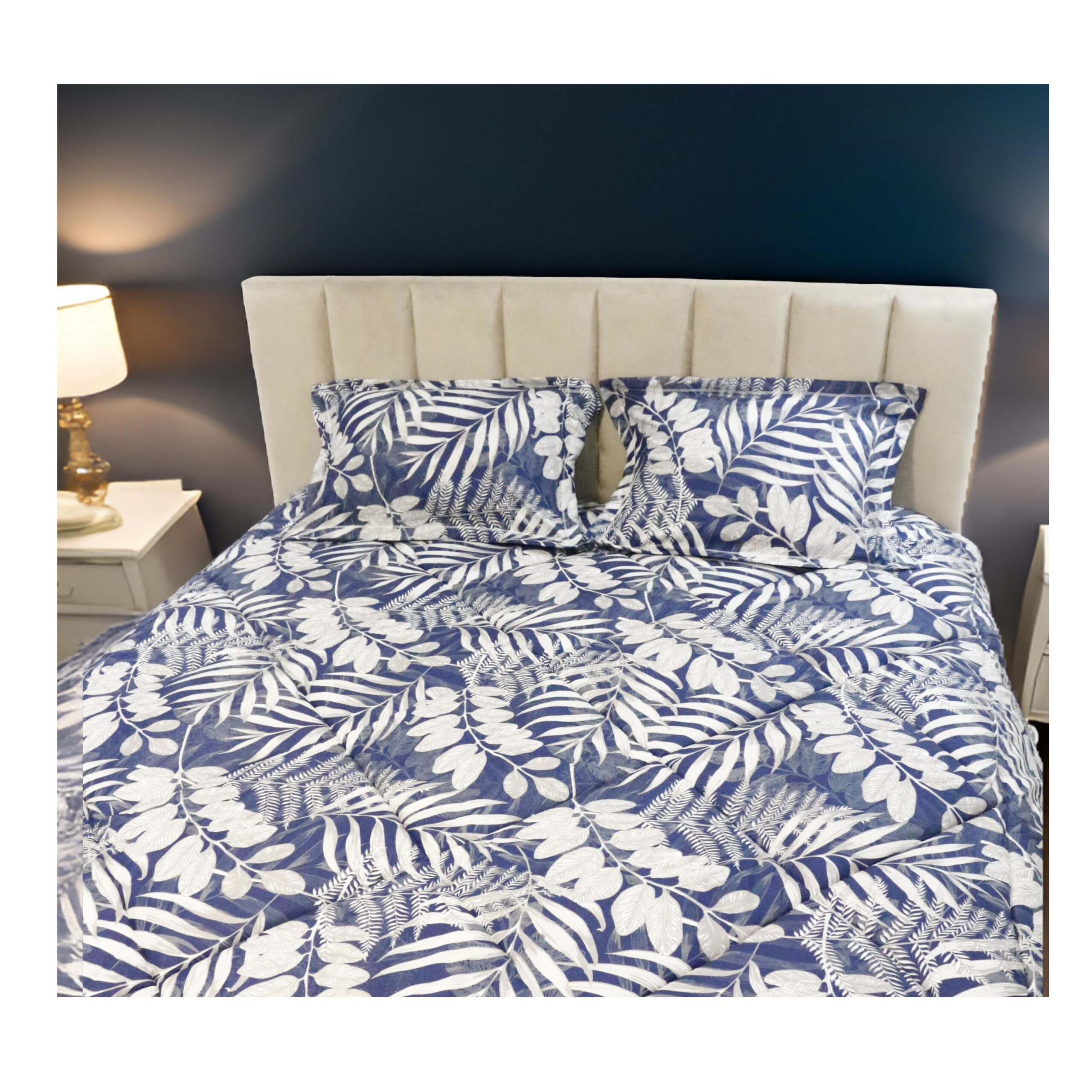 couette-220x240-couverture-2places-imprimé-gris-motif-feuille-branche-bleu-tunisie-promo-deal 2 Couette Imprimé motif Jouy - gris 2 places – Image 1