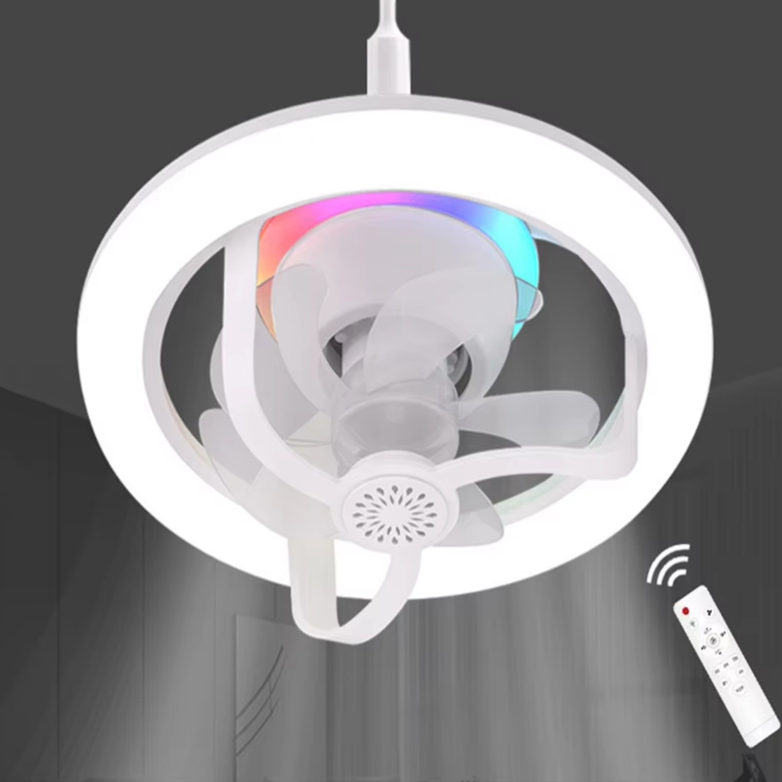 Lampe-Ventilateur-Plafond-Lumiere-nouvauté-tunisie-promo-deal12 Plafonnier LED RGB Ventilateur Intégré 360° – Image 1