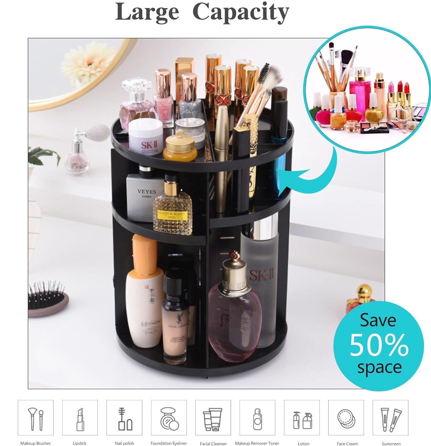 Organisateur-maquillage-support-Rotatif à 360°-cosmétiques-accessoires-tunisie-promotion-promodeal4 Organiseur de maquillage et de cosmétiques rotatif à 360° noir – Image 1