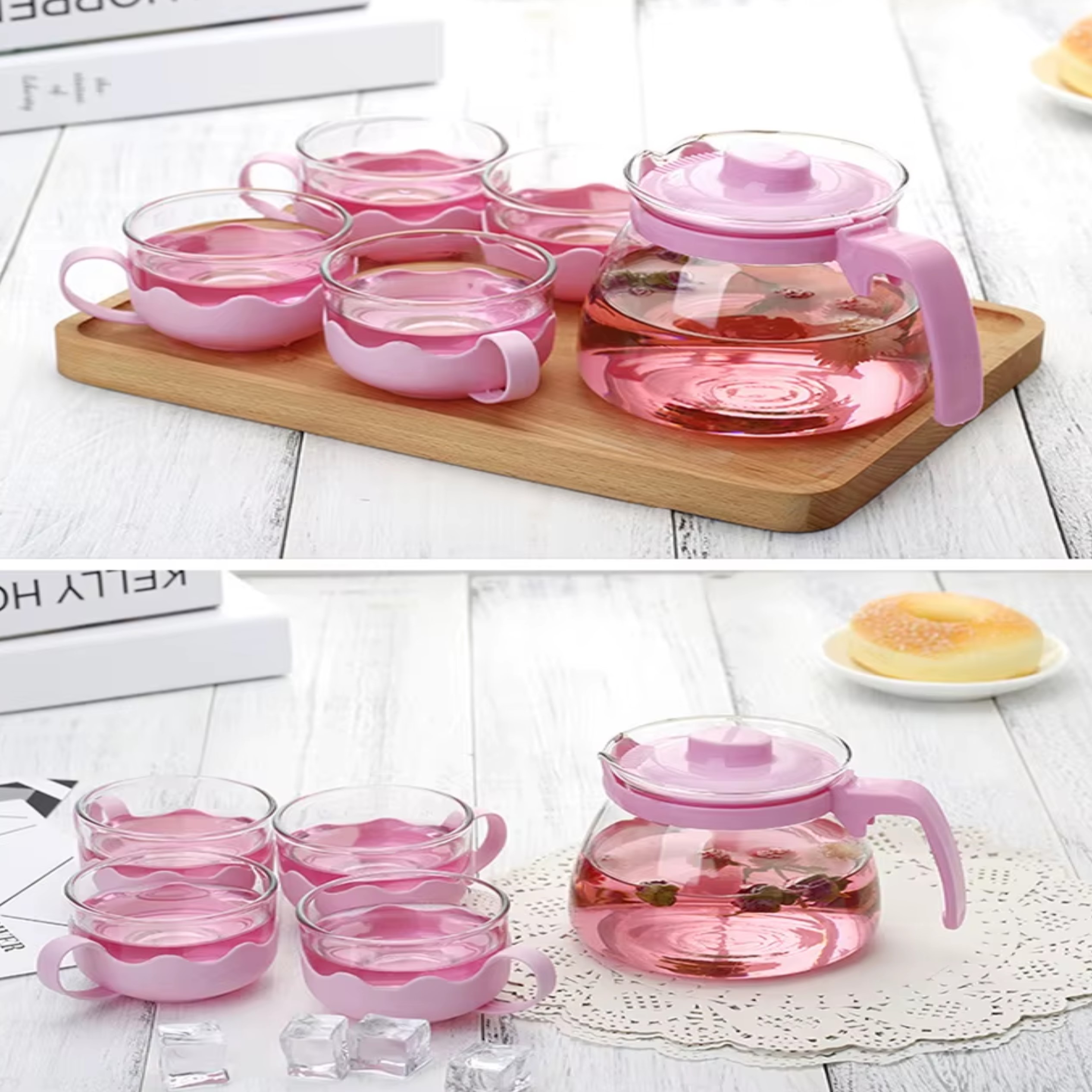 Service-théière -4-tasses-thé-verre-vaisselle-rose-cuisine-promo-deal-tunisie Service théière avec 4 tasses en verre -ROSE – Image 1