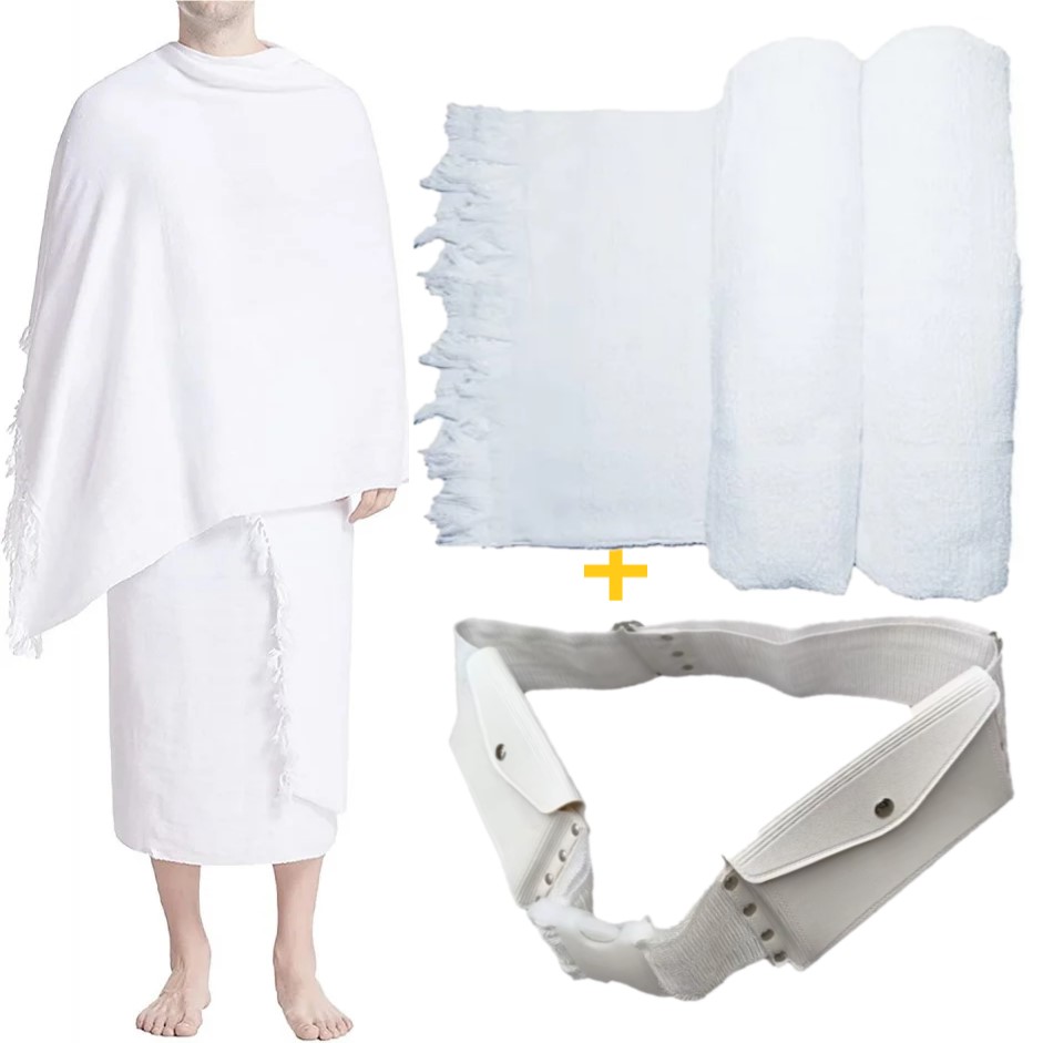 Vêtements-Ihram-haj-hadj-omra-hommes-couton-tunisie-promo-deal5R Ihram Poly couton Hommes Pour Hajj Et Omra avec ceinture – Image 1