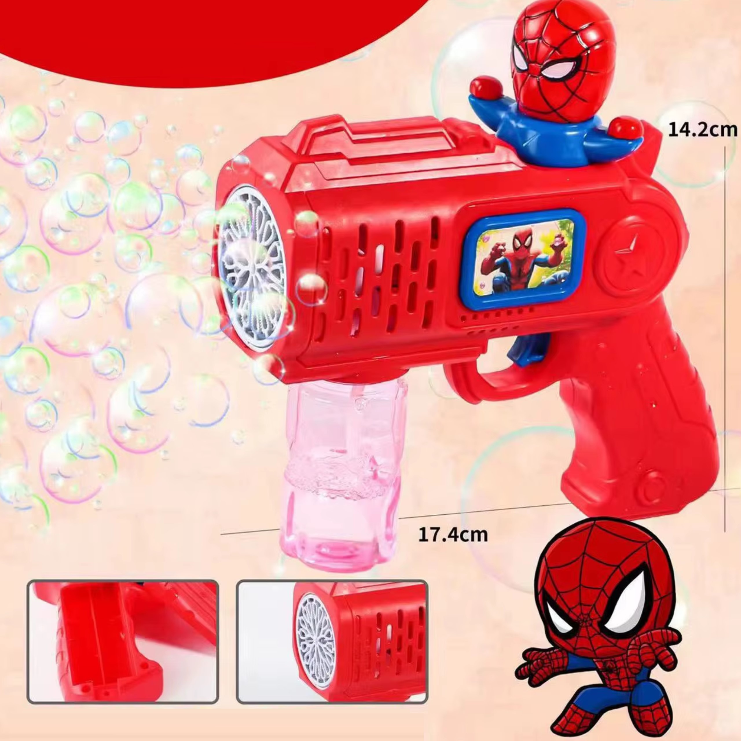 jouet-enfant-pistolet-bulles-cadeau-filles-garçons-jeu-été-promodeal-tunisie Pistolet à bulles pour garçon modèle Spider man – Image 1