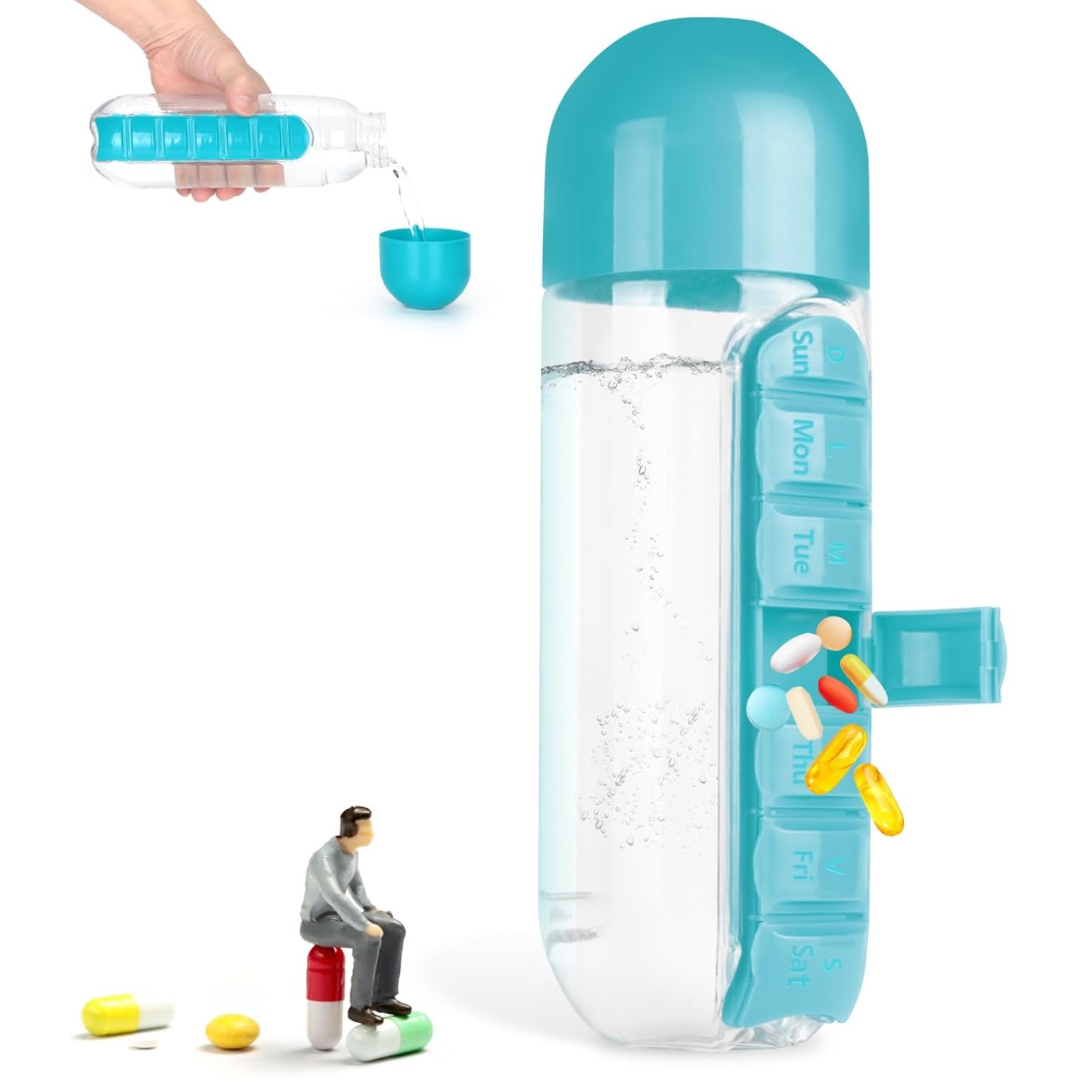 Boîte-rangement-2 en1-médicaments-quotidiens-bouteille- pilulier-organisateur-7 jours-promodeal-tunisie-2 Bouteille d'eau avec pilulier organisateur de 7 jours – Image 1